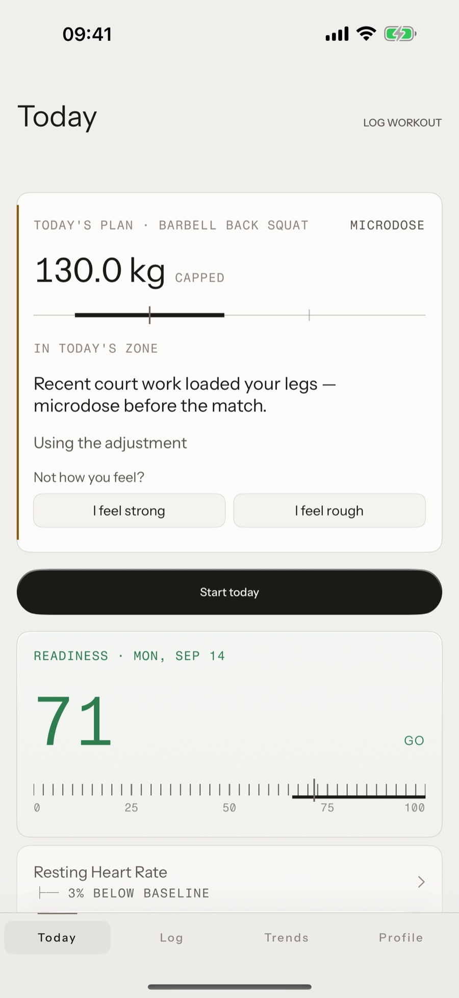 Tuwa Today screen with the adjusted session and readiness, v1.7 product screenshot