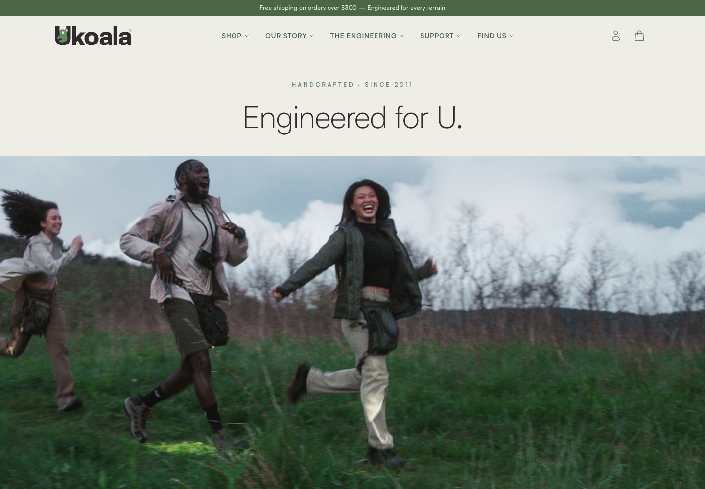 Ukoala homepage on 21 August 2026: green and cream identity, prominent wordmark, Engineered for U headline and movement-led imagery.