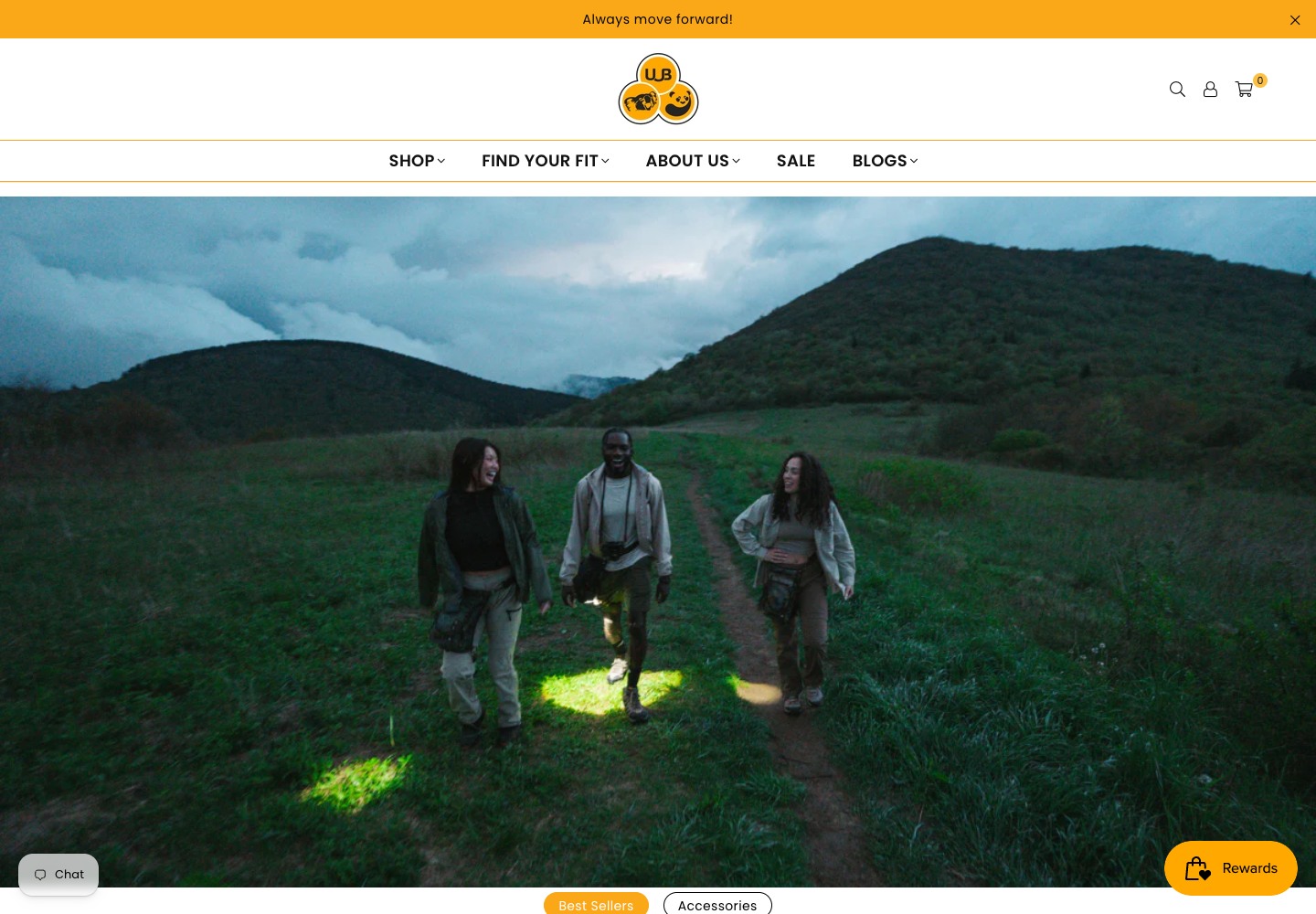 UUB Gear homepage on 15 July 2026: orange retail palette, UUB badge, dense header and a lifestyle hero without a visible headline.